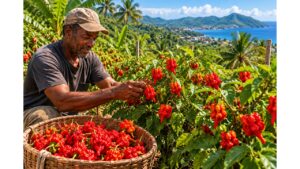 Trinidadian pepper grower harvesting ripe Trinidad Moruga Scorpion peppers on a tropical farm in Moruga, Trinidad