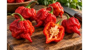 Fresh Trinidad Moruga Scorpion peppers whole and cut open showing the placenta, seeds and interior structure