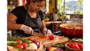 Trinidadian home cook carefully mincing Trinidad Moruga Scorpion pepper while preparing a large pot of food