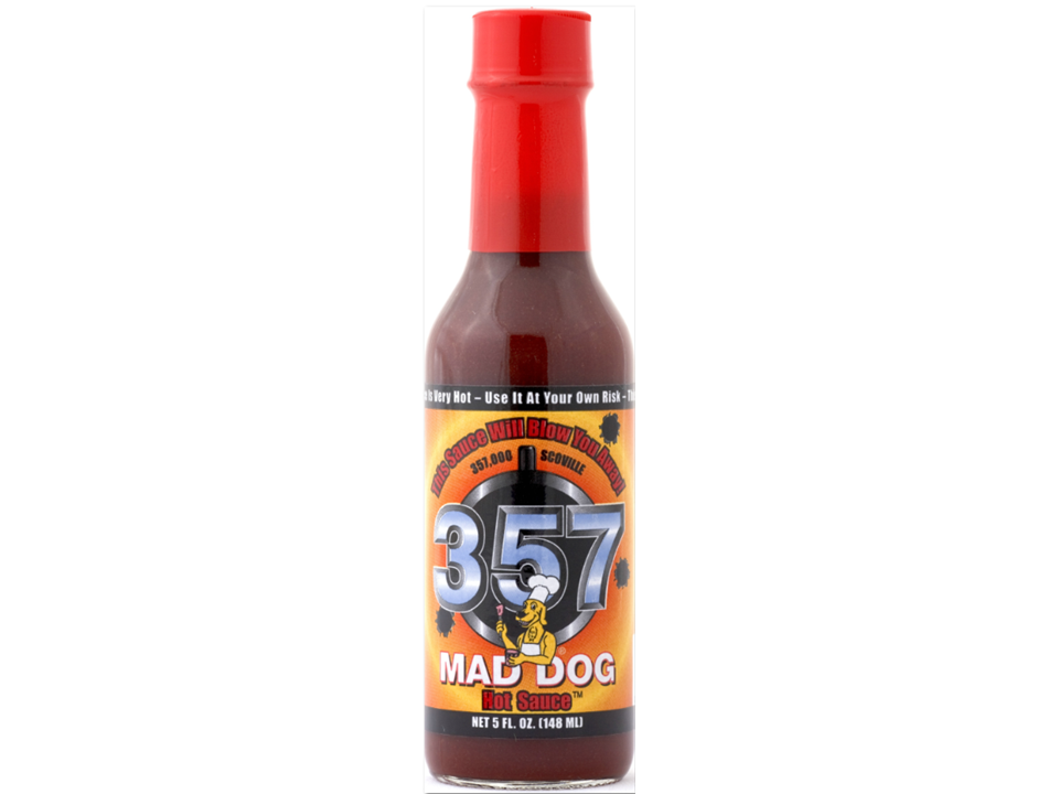 Mad Dog 357 Hot Sauce (357k Scoville Units). 