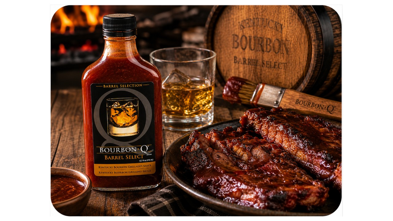 Bourbon-Q Barrel Selection Kentucky Bourbon Grillades Sauce with glazed barbecue ribs, bourbon whiskey, and a Kentucky bourbon barrel