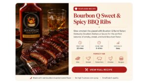 Bourbon Q Sweet and Spicy BBQ Ribs recipe card featuring Bourbon Q Barrel Select Kentucky Bourbon Barbecue Sauce