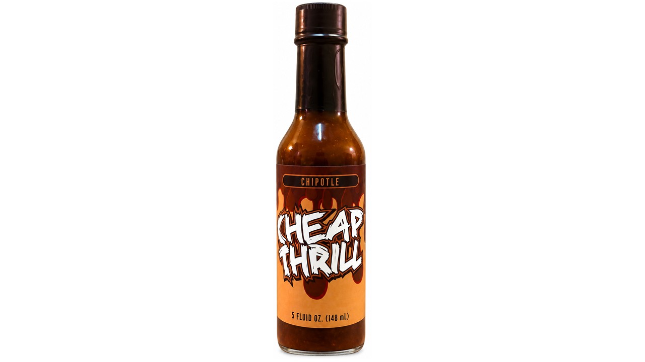 Cheap Thrill Chipotle Hot Sauce bottle with black cap and smoky chipotle pepper sauce