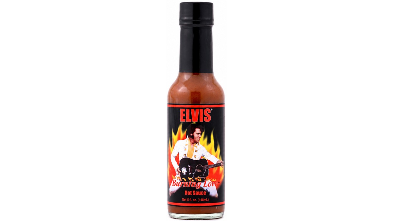 Elvis Burning Love Hot Sauce bottle with black cap and flame-themed Elvis label