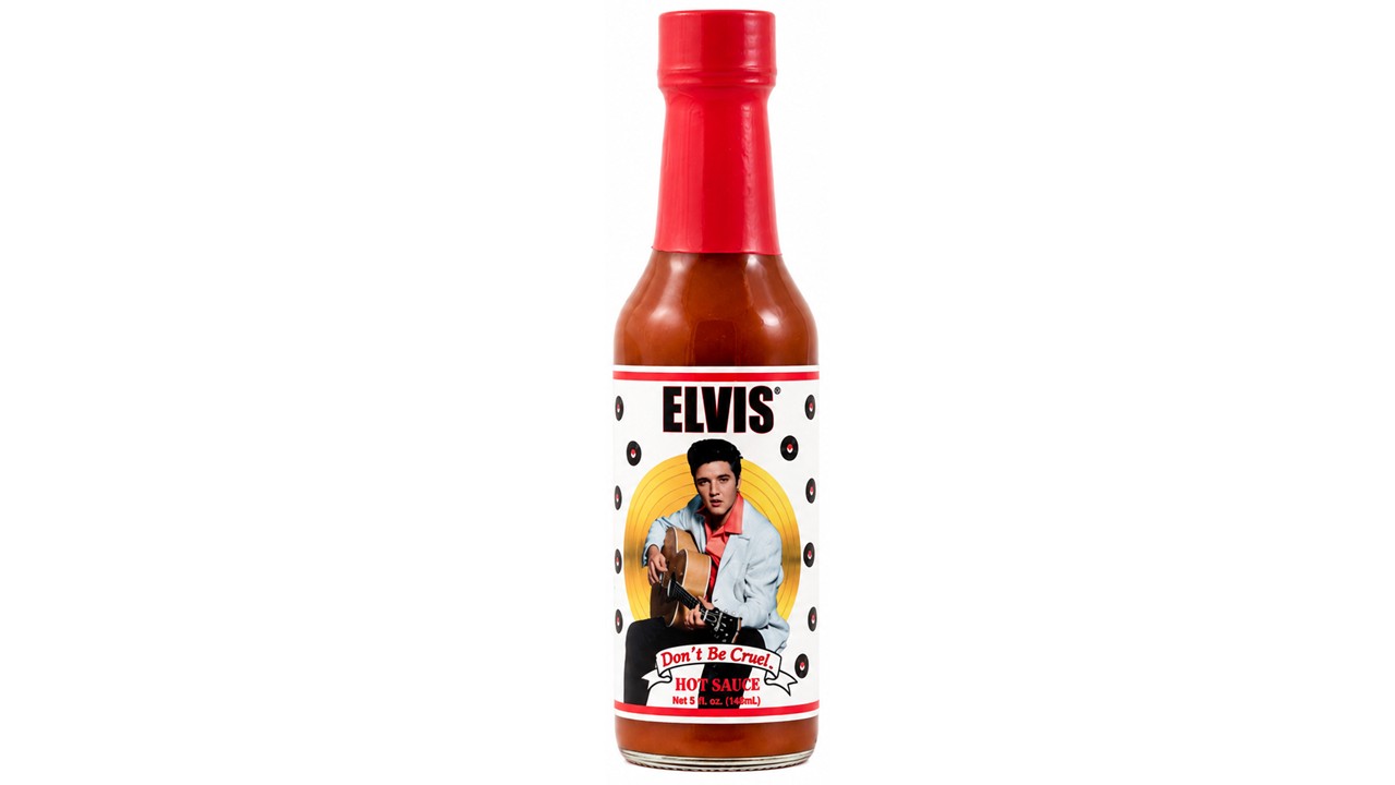 Elvis Don’t Be Cruel Hot Sauce bottle with red cap and Elvis Presley label