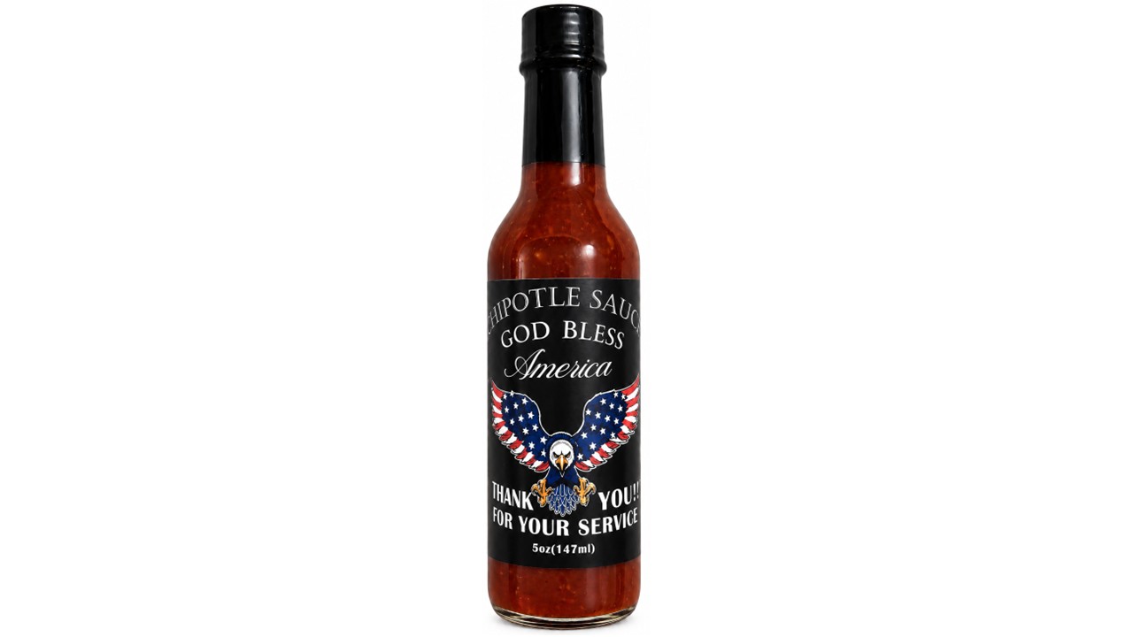 God Bless America Chipotle Hot Sauce bottle with patriotic eagle label