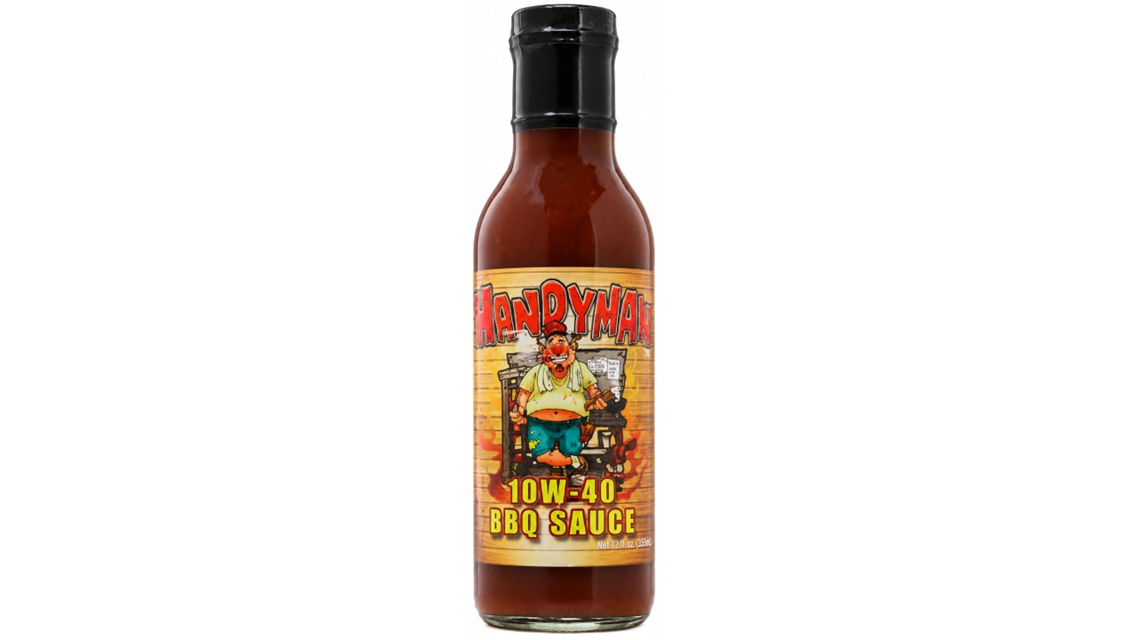 Handyman 10W-40 BBQ Sauce bottle featured in the Peppers of Key West Backyard BBQ Gift Box