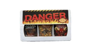 Ghost Pepper Three Pack Gift Box featuring Satan's Ghost, Satan's Rage and Hell Hound Mustard hot sauces for extreme heat lovers