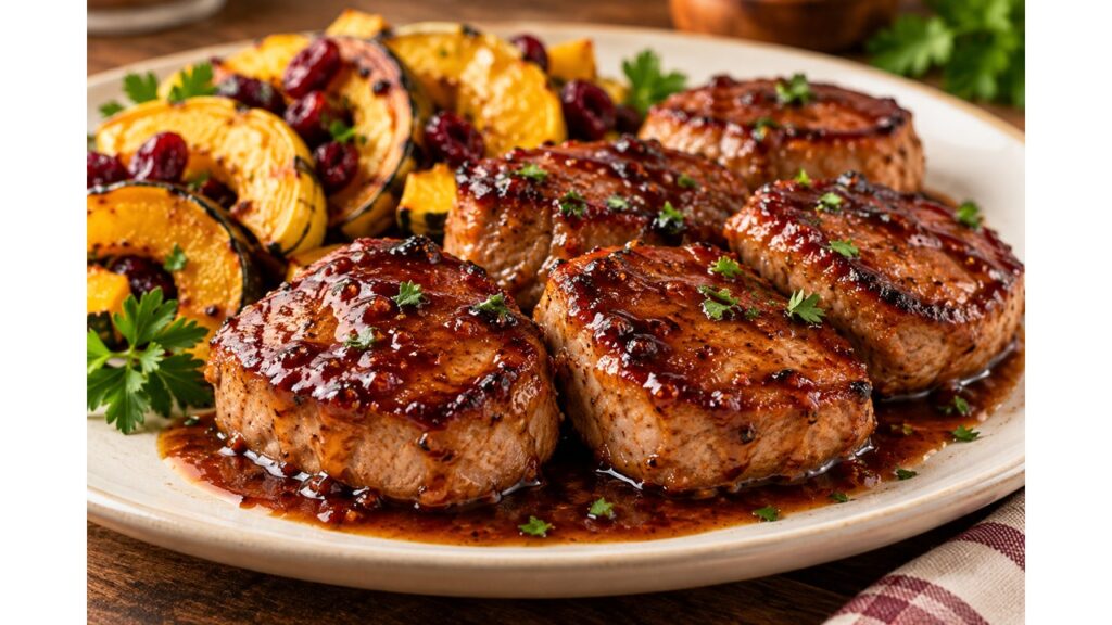 Pan-seared pork tenderloin medallions coated in a glossy raspberry chipotle glaze, served with roasted delicata squash and fresh herbs.