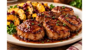 Pan-seared pork tenderloin medallions coated in a glossy raspberry chipotle glaze, served with roasted delicata squash and fresh herbs.