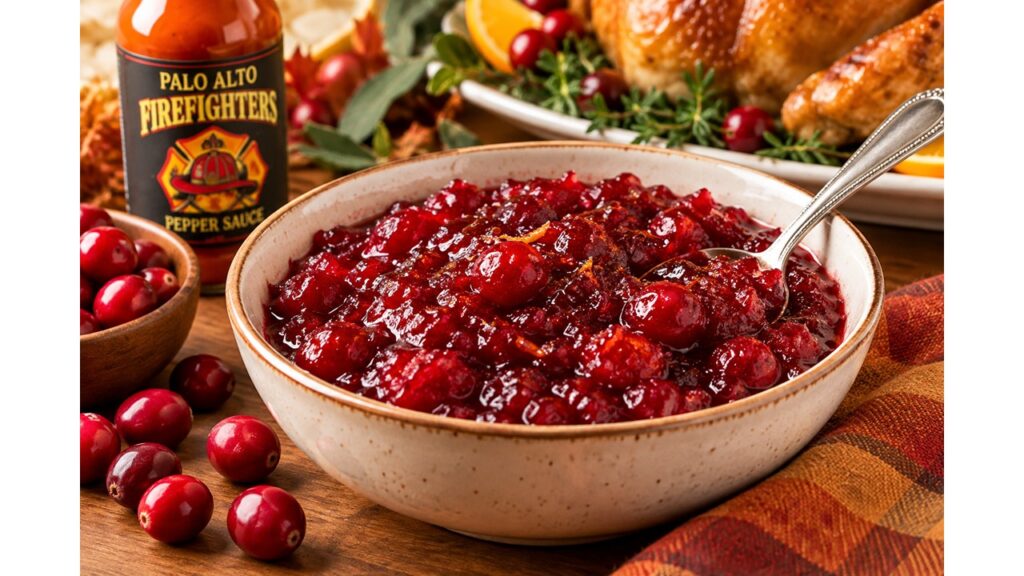 Bowl of homemade spicy cranberry sauce with whole cranberries, a serving spoon, and Palo Alto Firefighters Pepper Sauce on a Thanksgiving table.