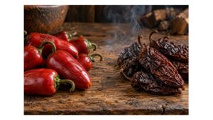 Ripe red jalapeños beside dried chipotle peppers showing the transformation from jalapeño to chipotle