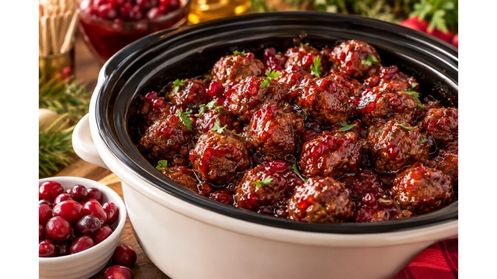Spicy cranberry meatballs coated in a glossy cranberry glaze and garnished with fresh herbs in a slow cooker.
