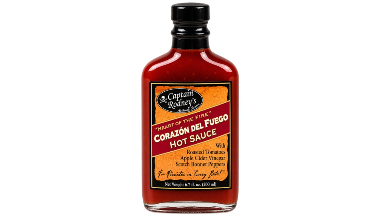 Captain Rodney’s Corazón del Fuego Hot Sauce with roasted tomatoes, apple cider vinegar and Scotch bonnet peppers