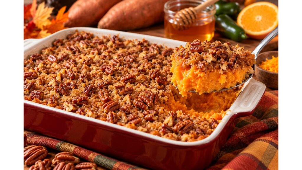 Sweet potato casserole topped with golden pecan streusel, with a spoon lifting a serving of creamy sweet potatoes from the baking dish.
