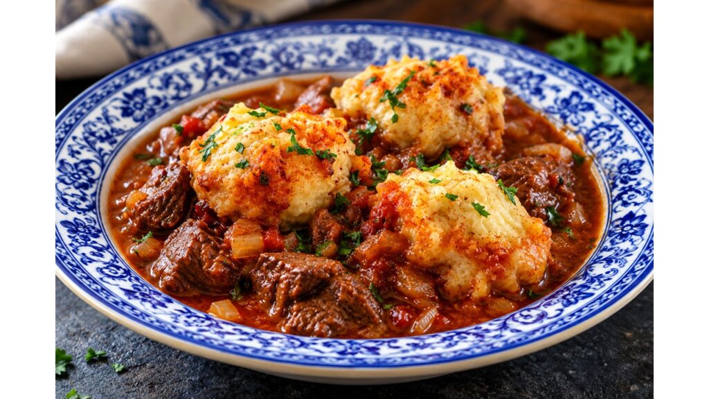 Hearty beef goulash with tender chunks of beef in rich paprika gravy, topped with three fluffy dumplings in a blue-and-white patterned bowl.
