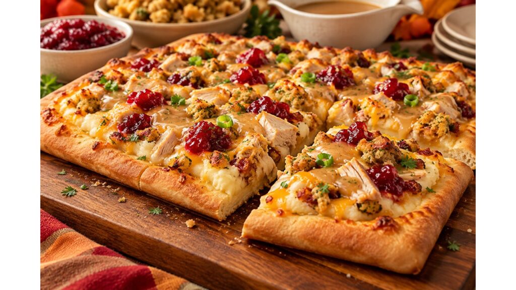 Thanksgiving leftover pizza topped with roasted turkey, stuffing, mashed potatoes, cranberry sauce, melted cheddar cheese, and turkey gravy.