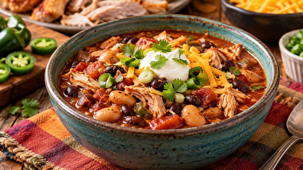 Thanksgiving leftover turkey chili with black beans, butter beans, tomatoes, shredded turkey, sour cream, cheddar cheese, and green onions.