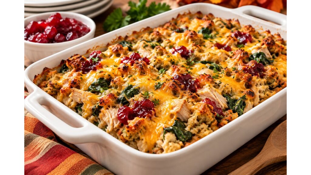 Thanksgiving turkey and spinach stuffing casserole with shredded turkey, melted cheddar cheese, cranberry sauce, and golden herb stuffing.