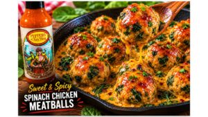 Sweet & Spicy Spinach Chicken Meatballs served in a skillet with creamy sauce, fresh spinach, and bold hot sauce flavor from Peppers of Key West.