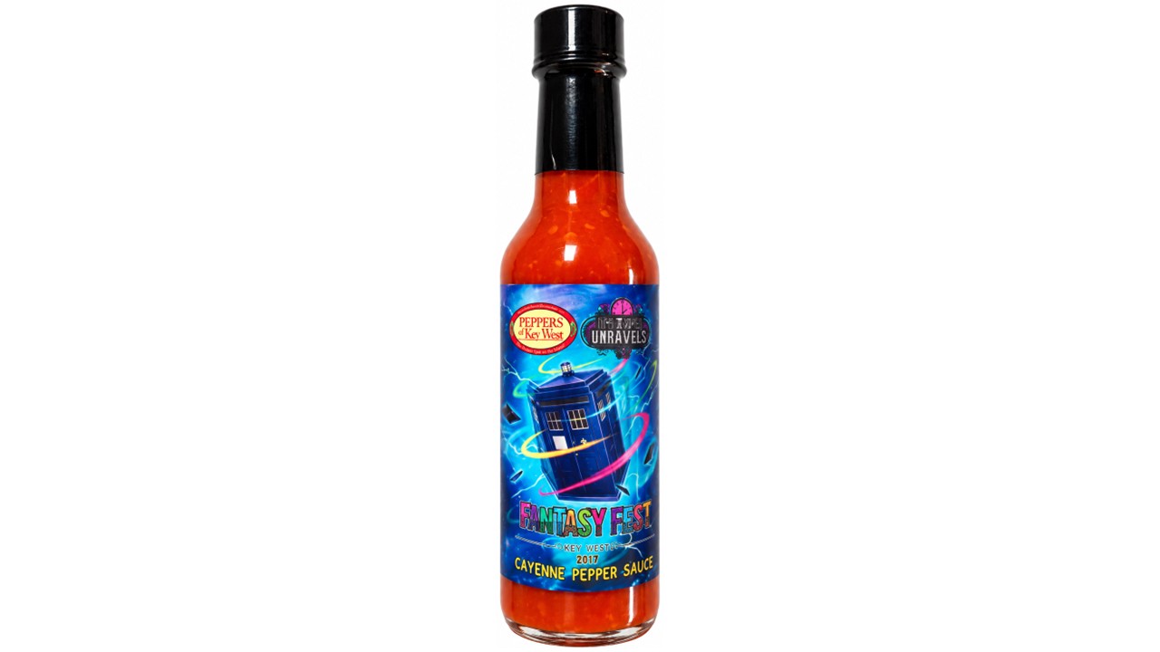 Peppers of Key West Fantasy Fest 2017 Time Unravels Cayenne Pepper Sauce bottle