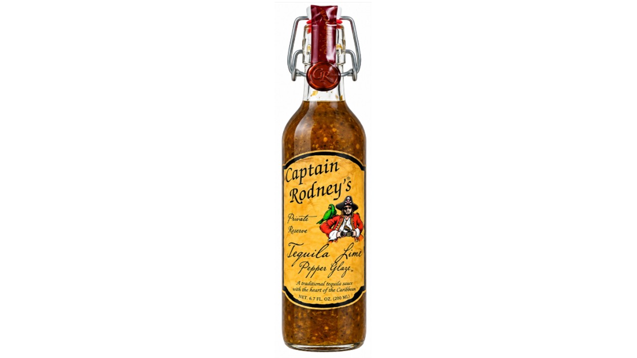 Captain Rodney’s Private Reserve Tequila Lime Pepper Glaze in a swing-top bottle