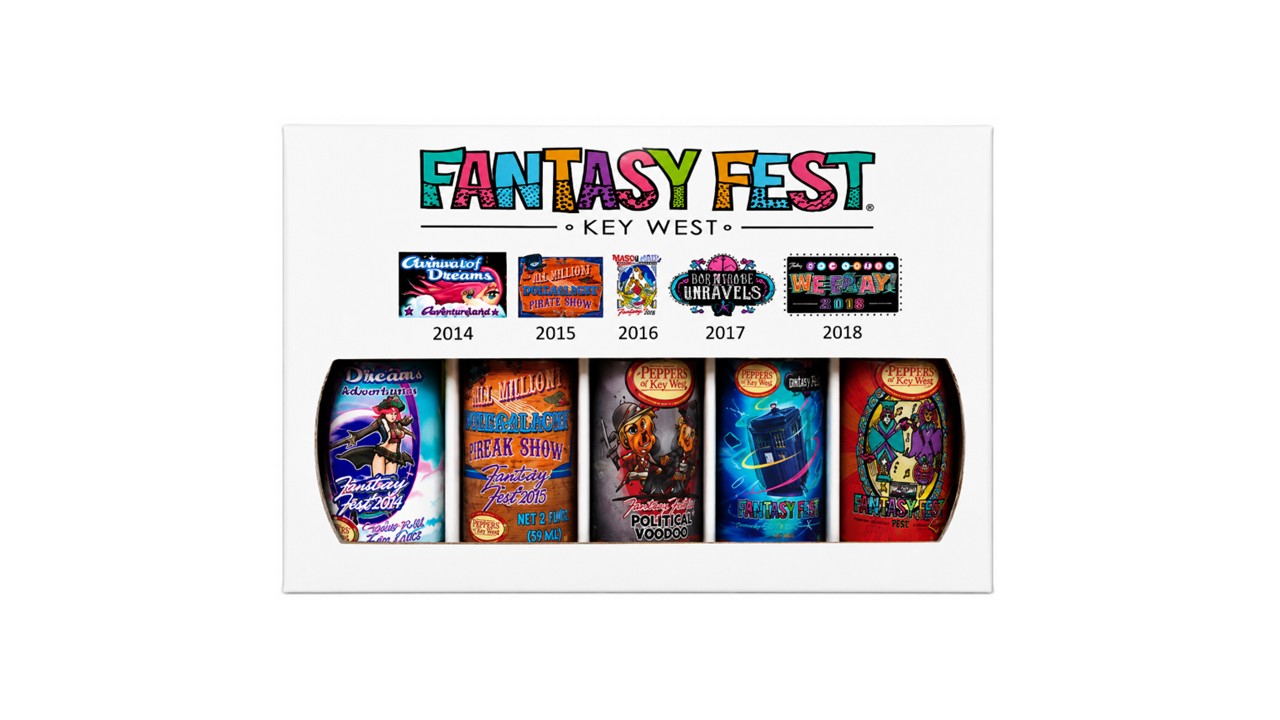 Fantasy Fest Key West hot sauce gift set featuring five collectible Peppers of Key West sauces from 2014 through 2018