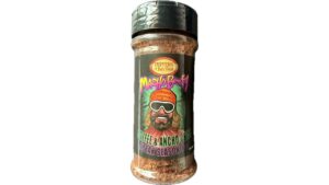 Peppers of Key West Macho Beefy Steak Seasoning jar, bold savory spice blend designed to enhance steaks, burgers, and grilled beef.