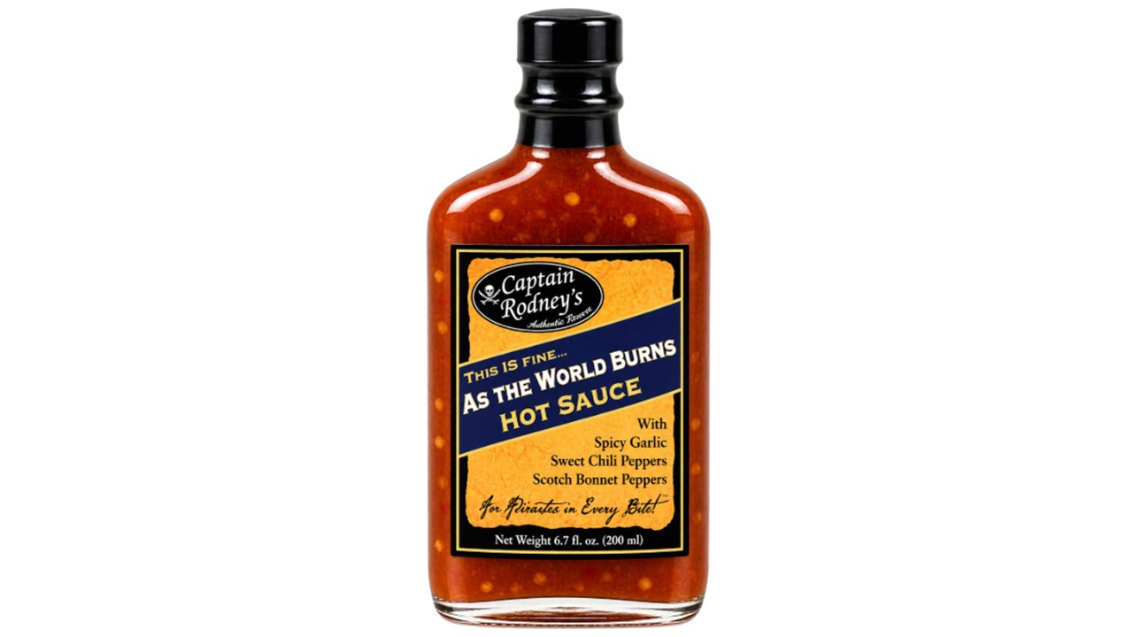 Captain Rodney’s As the World Burns Hot Sauce with spicy garlic, sweet chili peppers and Scotch bonnet peppers