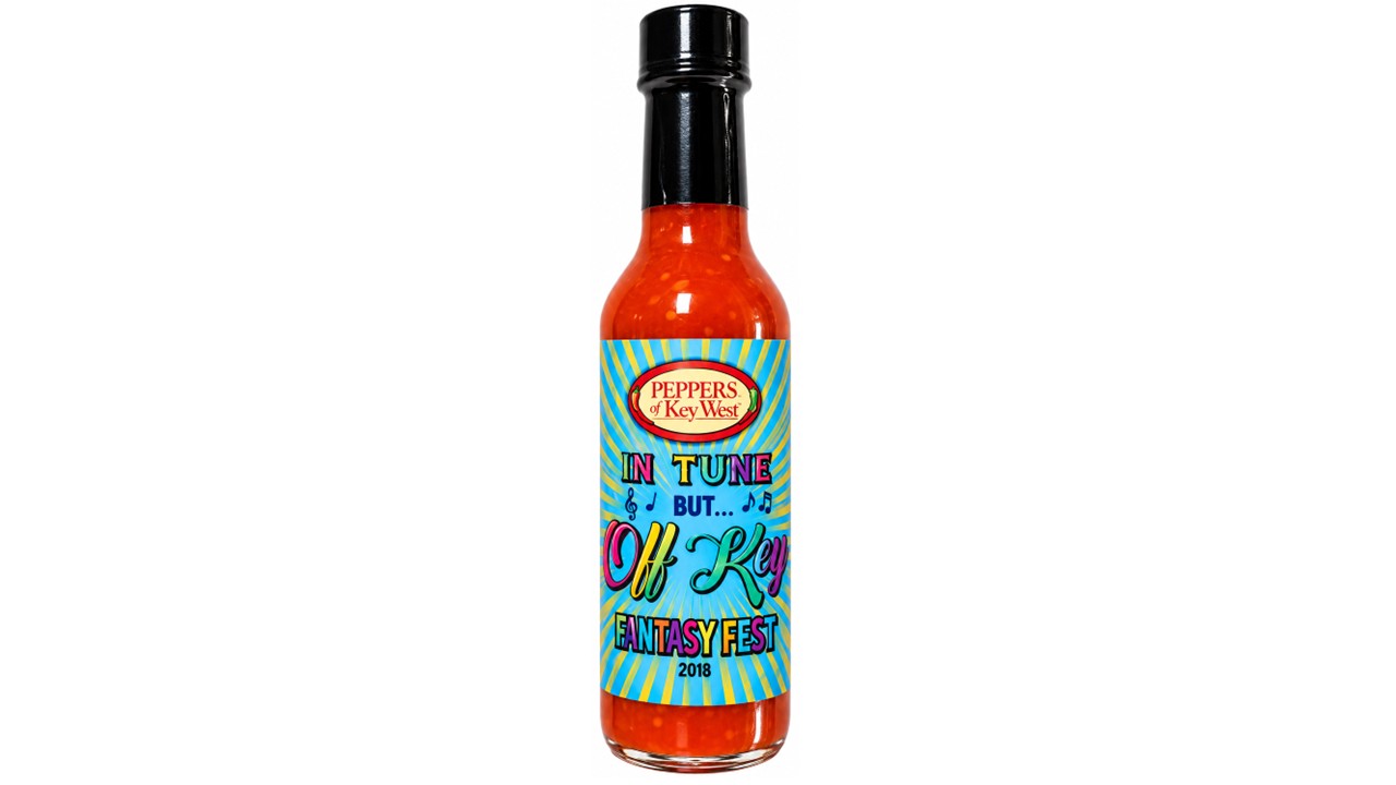 Peppers of Key West Fantasy Fest 2019 In Tune But Off Key Hot Sauce bottle