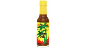 Bright tropical hot sauce bottle with golden island-inspired pepper sauce, tropical citrus flavor, and bold Caribbean-style heat.