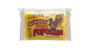 Ass Kickin’ Habanero Popcorn featuring crunchy popcorn coated with bold habanero pepper seasoning for a spicy snack experience.