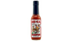 Ass in the E.R. Scorpion Pepper Hot Sauce bottle with Trinidad Scorpion pepper heat