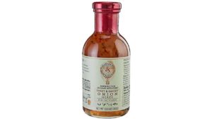 Fischer & Wieser’s Sweet & Savory Onion Glaze served over grilled chicken, pork, burgers, smoked sausage, and backyard BBQ cookout food
