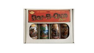 Peppers of Key West BBQ gift box with cherry pomegranate BBQ sauce, Jamaican jerk sauce, Asian marinade, and chicken wing sauce sampler