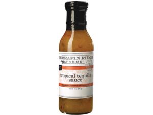 Terrapin Ridge Farm’s Tropical Tequila Sauce served over grilled shrimp, chicken, tacos, seafood, and tropical backyard BBQ food