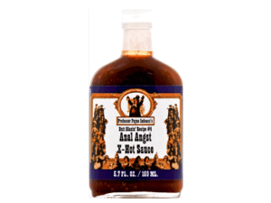 Professor Painindaass’s Anal Angst X-Hot Sauce bottle with extreme heat level featuring intense chili pepper blend for spicy food lovers and hot sauce collectors