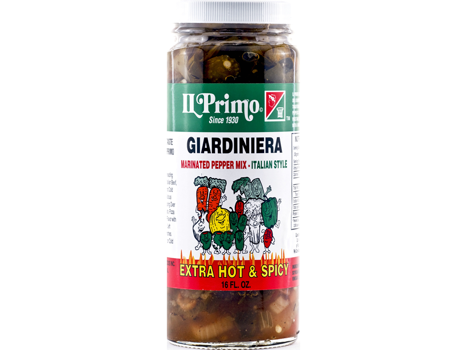 il primo giardiniera extra hot spicy marinated vegetable pepper mix with bold heat and tangy flavor pickle peppers, preserve peppers, spicy pickled peppers