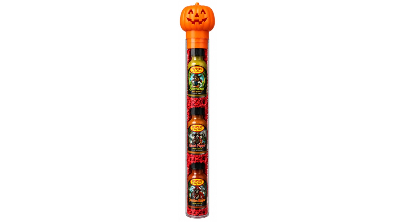 Halloween hot sauce gift tube with Serrano, Ghost Pepper and Carolina Reaper sauces