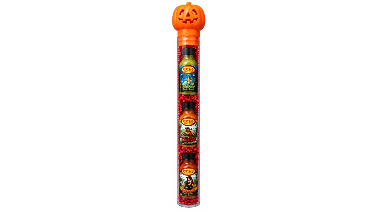 Halloween hot sauce gift tube with Jalapeño Garlic, Cayenne and Habanero sauces