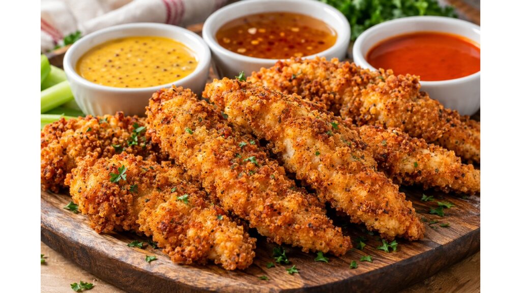 Crispy golden-brown Cajun fried chicken strips served with honey mustard, jalapeño honey, and hot sauce in three white dipping bowls.