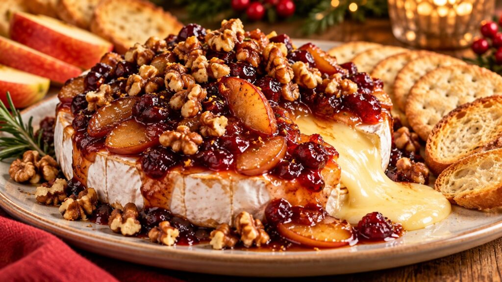 Warm baked Brie topped with bourbon-glazed apples, cherry-pomegranate sauce, and toasted walnuts, served with crackers and crostini.