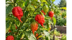 Carolina Reaper pepper plant with green, ripening orange and mature red peppers showing their wrinkled pods and distinctive pointed tails.