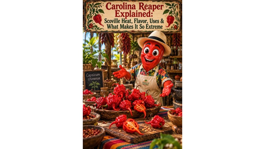 Professor Pepper introduces bright red Carolina Reaper peppers in a tropical market setting for a guide to their Scoville heat, flavor and uses.
