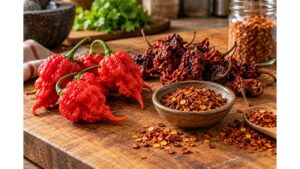 Fresh, dried and crushed Carolina Reaper peppers displayed together on a rustic kitchen worktable.