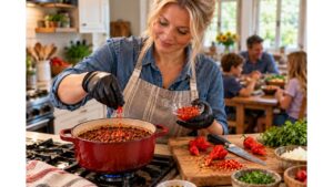 Home cook wearing gloves carefully adds a small amount of Carolina Reaper pepper to a pot of homemade chili while preparing dinner for her family.