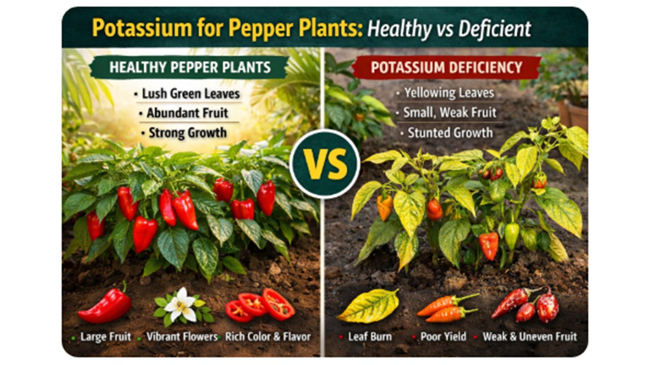 healthy vs potassium deficient pepper plants comparison vibrant green leaves vs yellowing weak plants