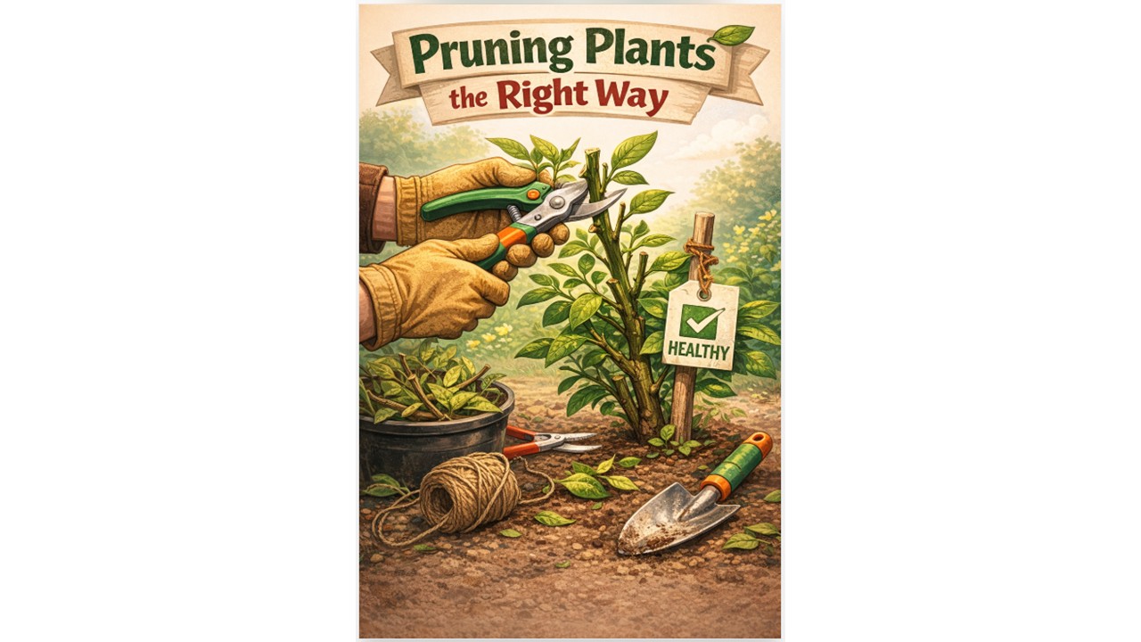 Gardener carefully pruning plant stems with clean sharp shears to promote healthy growth