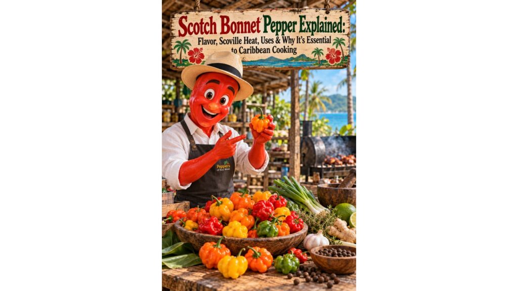 Professor Pepper holding and pointing to a Scotch Bonnet pepper in a Caribbean cooking setting