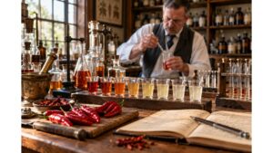 Historical recreation of the 1912 Scoville Organoleptic Test showing progressively diluted pepper extracts used to measure chile pepper heat.